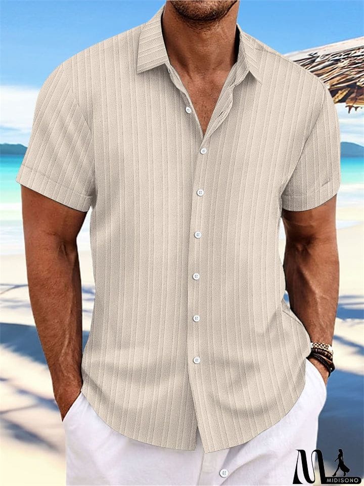 MidiSono - Men's Striped Texture Cotton Linen Short Sleeve Shirt