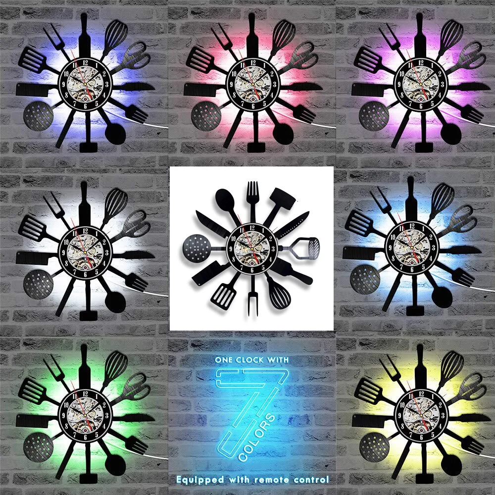 Kitchen Vinyl Record Wall Clock Modern Design Knife and Fork Time Clock with 7 Colors Cahnge 3D Wall Watch Home Decor
