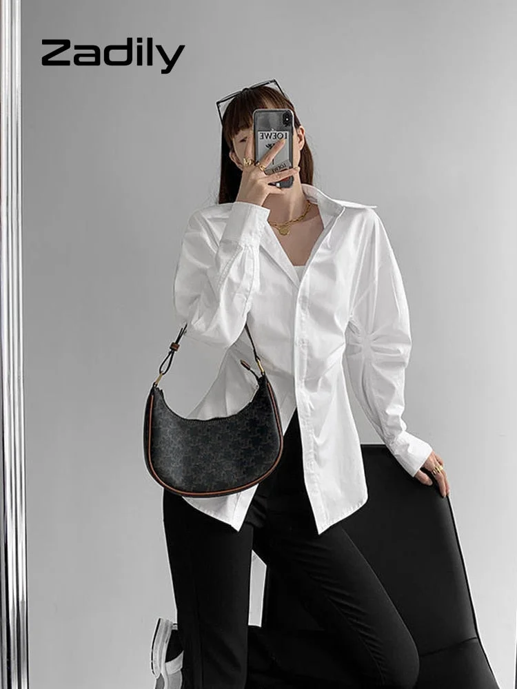 Huibahe Street Style Long Sleeve Slim Waist White Shirt Women Button Up Za Shirts 2023 Summer New Fashion Tunic Blouse Clohting