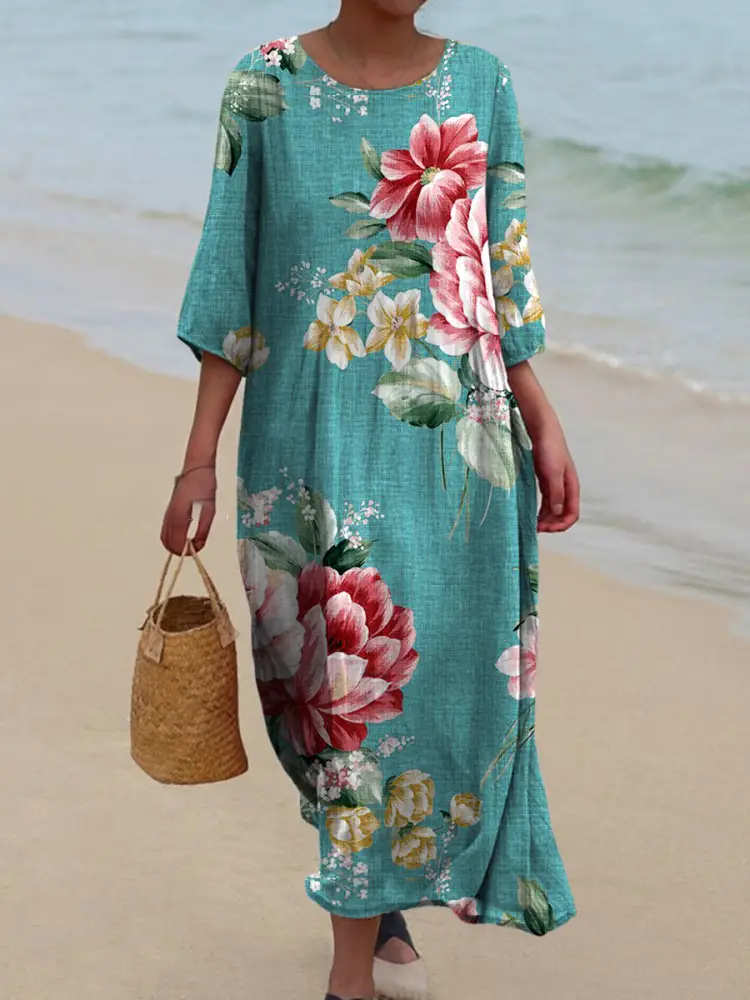 Womens Artistic Realistic Rose Flowers Pattern Pocket Cotton Dress