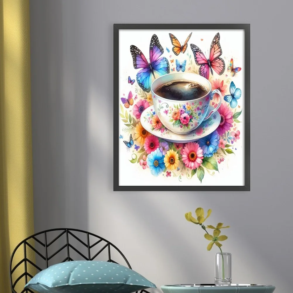 11CT Full Stamped Cross Stitch - Flower Butterfly Coffee(Canvas|40*50CM)