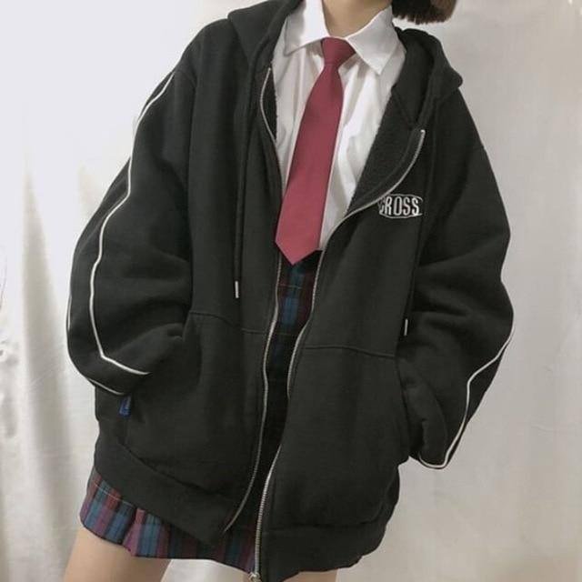 streetwear Harajuku Oversized sweatshirt women print Letter zip up Hoodies Student Plus Size Outwear Female Loose tops