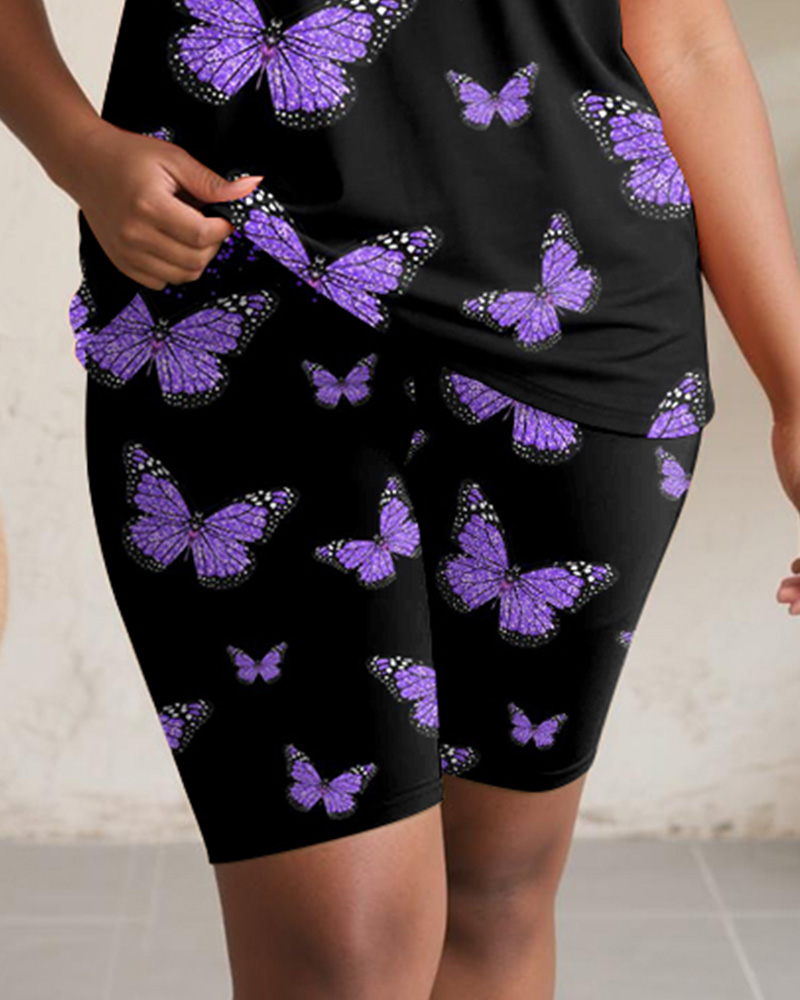 Women's Plus Size Daily Casual Purple Gradient Butterfly Print Pocket Vest Shorts Suit