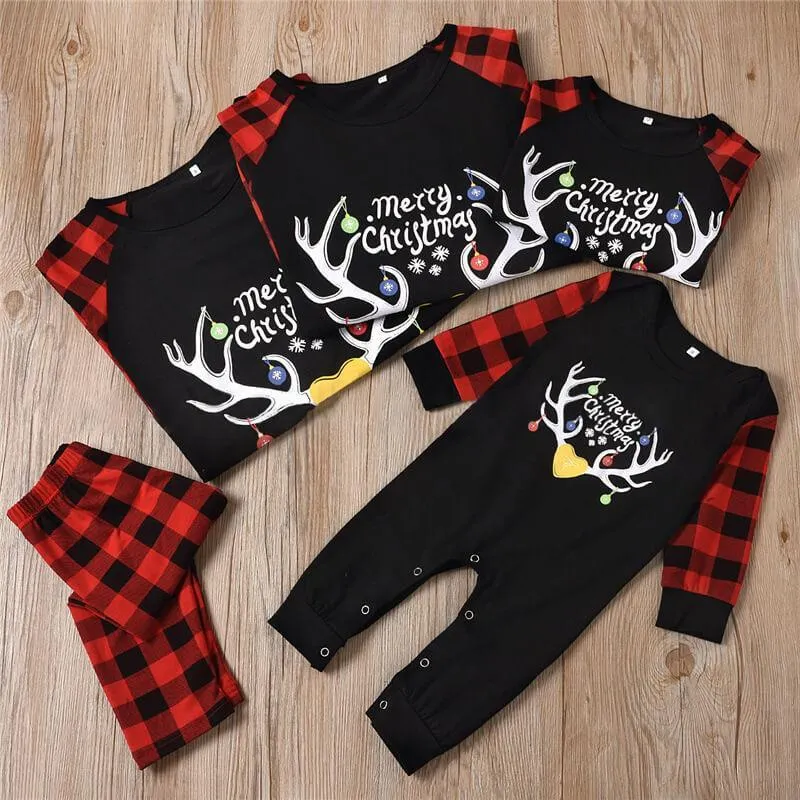 Merry Christmas Deer Antlers Print Red Plaid Family Matching Pajamas Sets