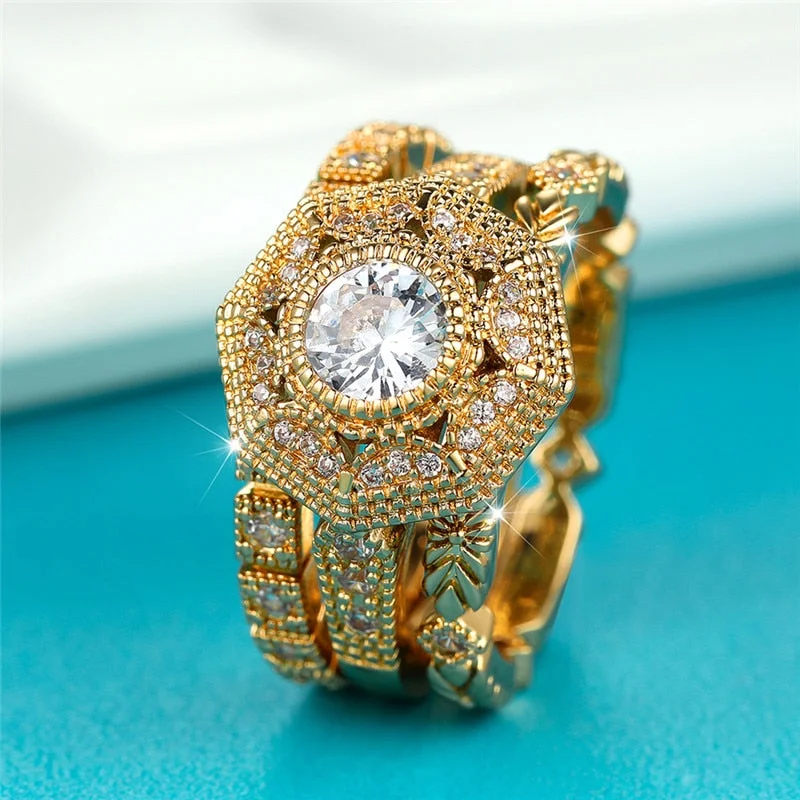 Luxury Female White Stone Set Ring Classic Yellow Gold Color Engagement Ring Crystal Wedding Rings For Women
