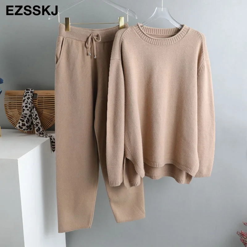 2 Pieces Set Women Knitted Tracksuit Turtleneck Sweater + Carrot Jogging Pants Pullover 2021  Sweater Set CHIC Knitted Outwear