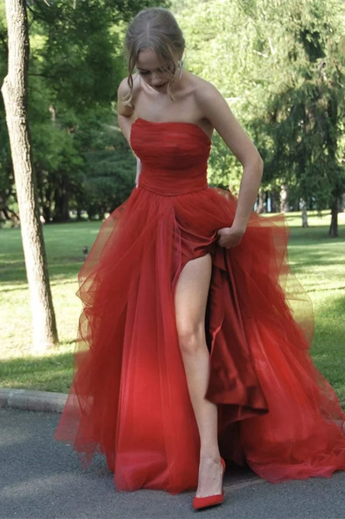 Miabel Strapless Tulle Long Prom Dress Split