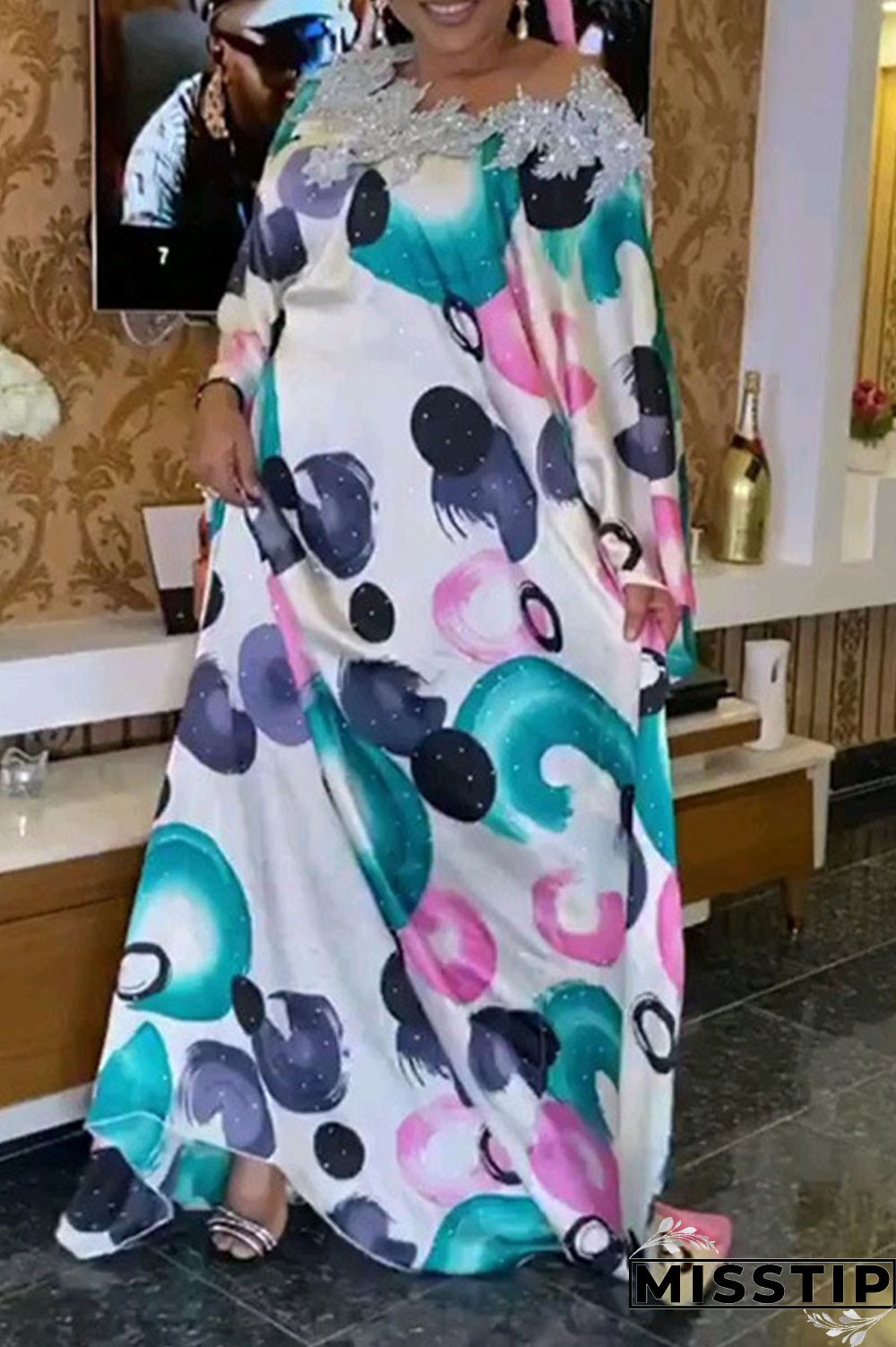 Multicolor Casual Print Patchwork Appliques O Neck Straight Plus Size Dresses