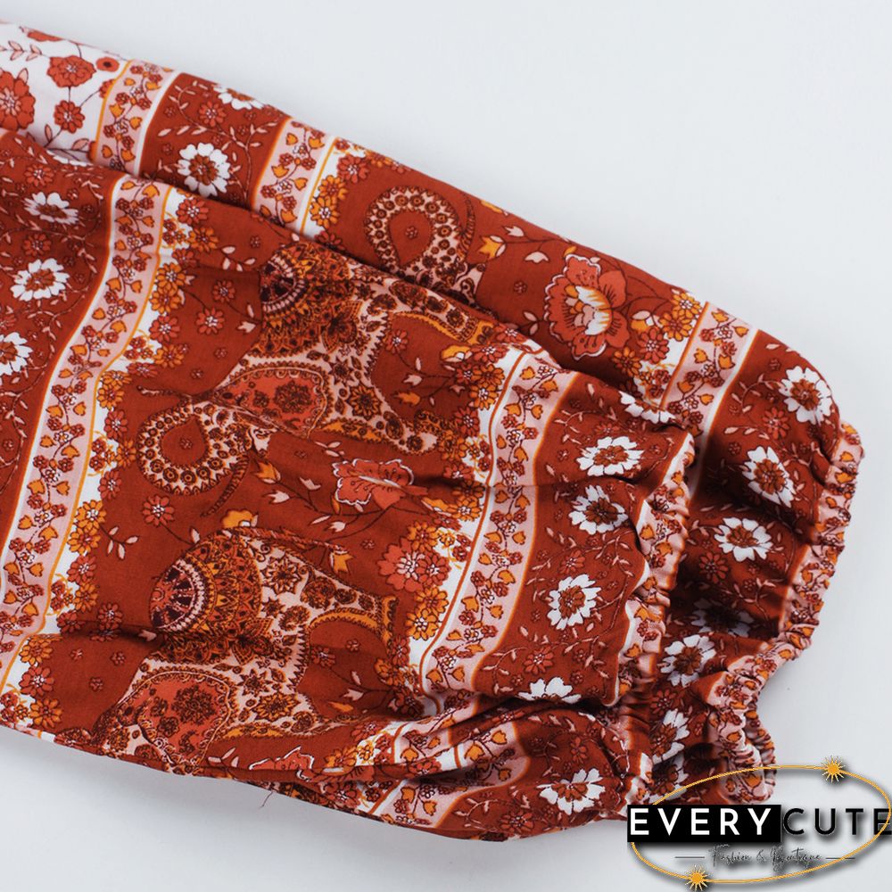 Red Bohemia Style Lace-up Long Sleeve Tops