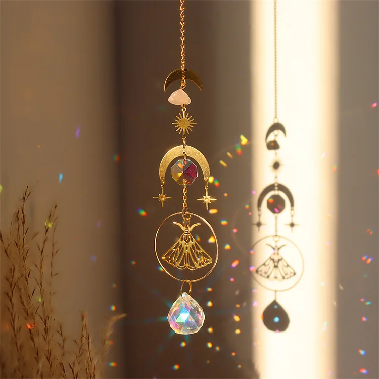 Crystal Wind Chime Prisms Light Catcher Metal Home Garden Ornament (Moth B)