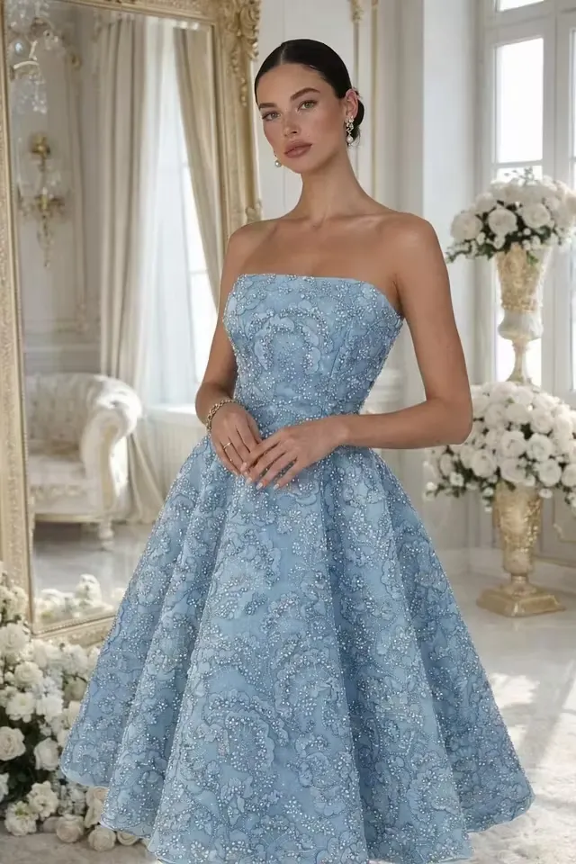 Lussooy Charming Sky Blue Sleeveless Strapless Beaded A Line Knee Length Prom Dress 