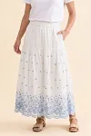 Blue Floral Embroidered Tiered Maxi Skirt, 100% Cotton Smocked Waist Boho Long Skirt with Pockets, Casual Summer A-Line Skirt for Women