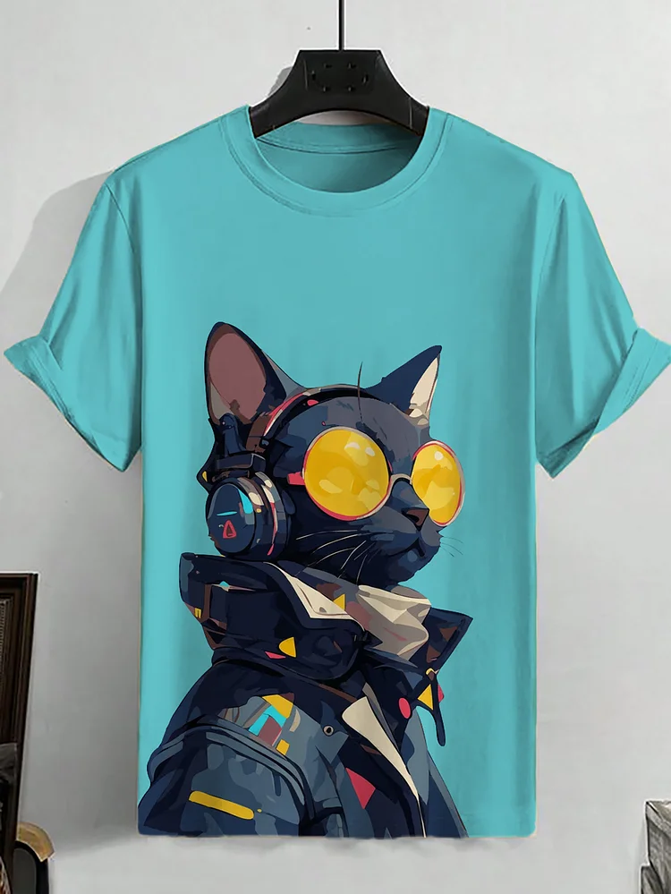 Men's Cyberpunk Sci-Fi Cat Futuristic Art Print T-Shirt