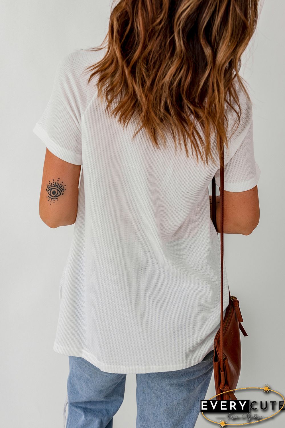 White Lace Crochet Waffle Knit Ruffled V Neck Top