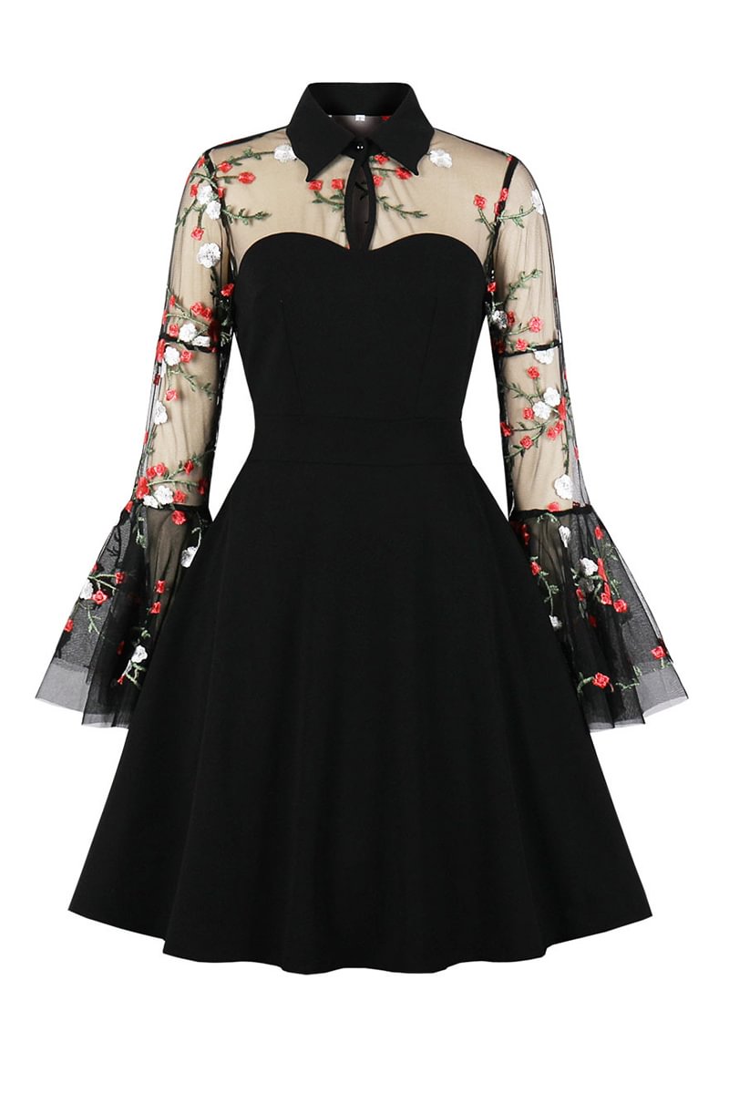1950s Retro Black Embroidery Horn Sleeve Mesh Patchwork Midi Dress