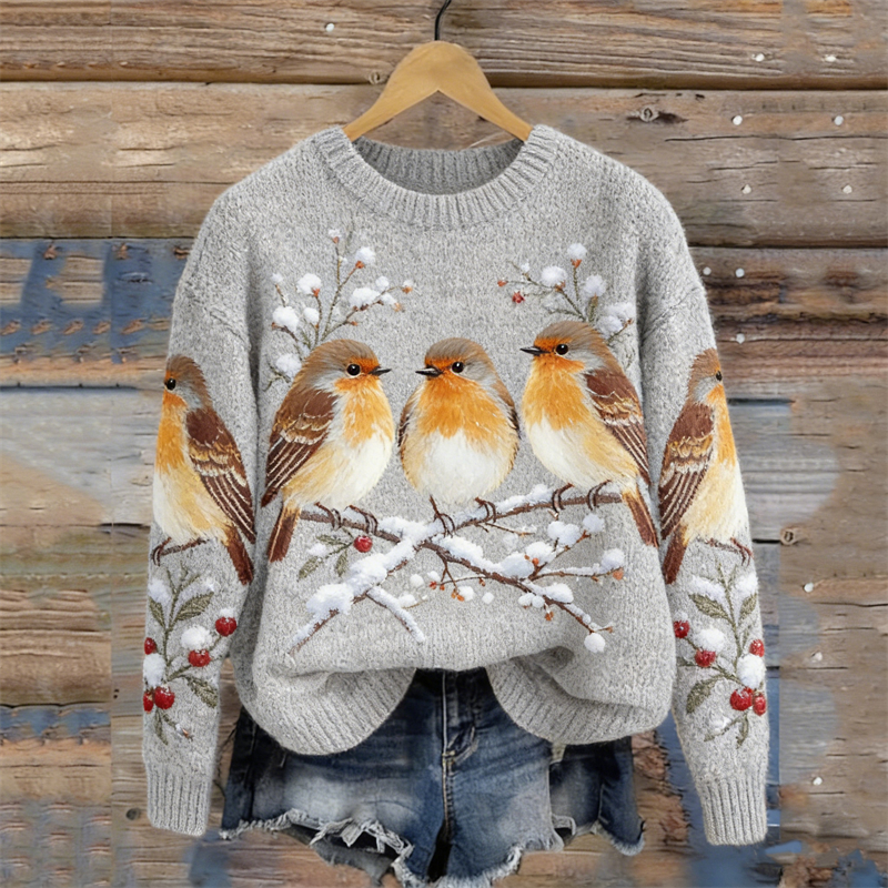 Birds & Snowy Berry Branch Cozy Knit Sweater wearshes
