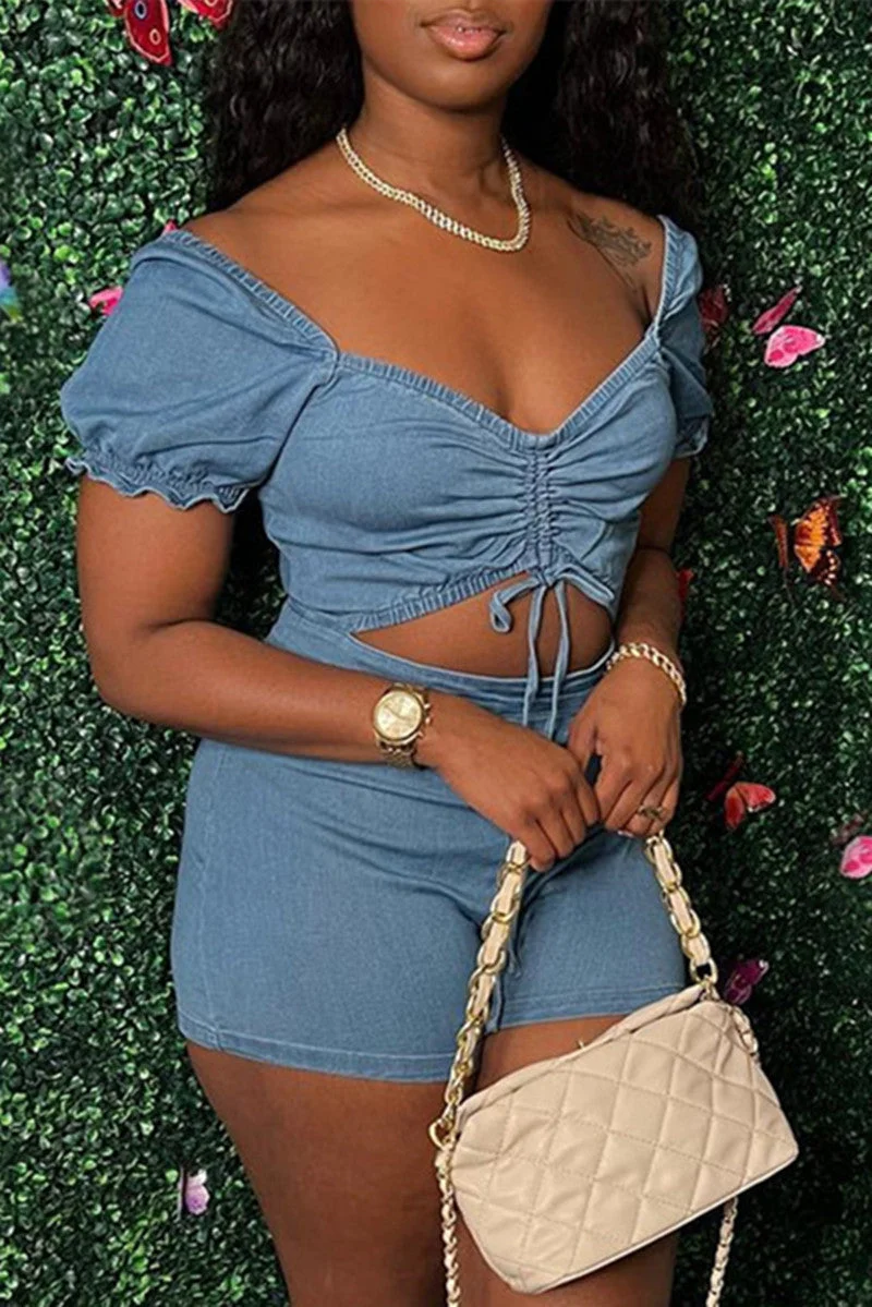 Fashion Casual Solid Hollowed Out Draw String V Neck Skinny Denim Romper