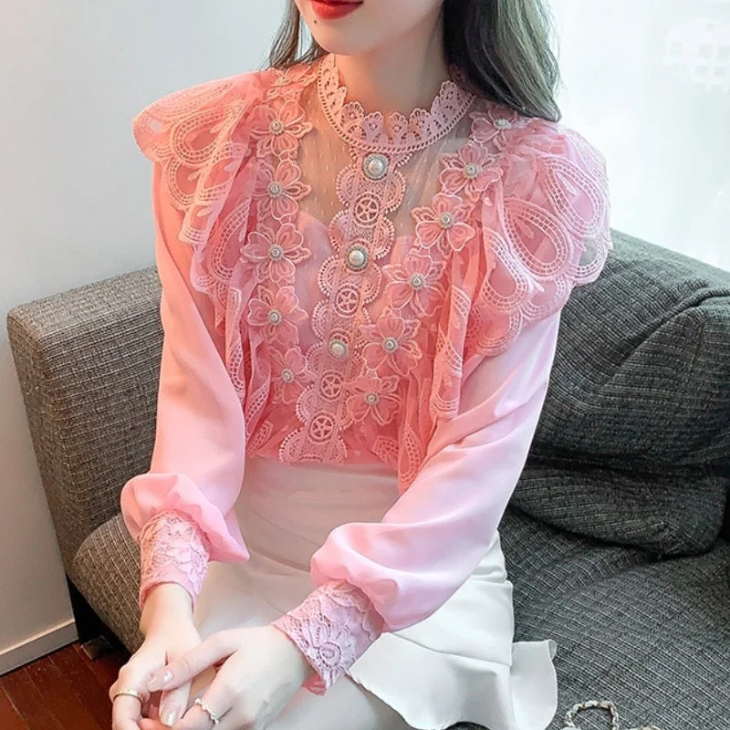 Spring Fashion Elegant Women's Lace Shirt Vintage Crochet Ruffles Woman Blouses Sweet Chiffon Long Sleeve Ladies Tops Blusas