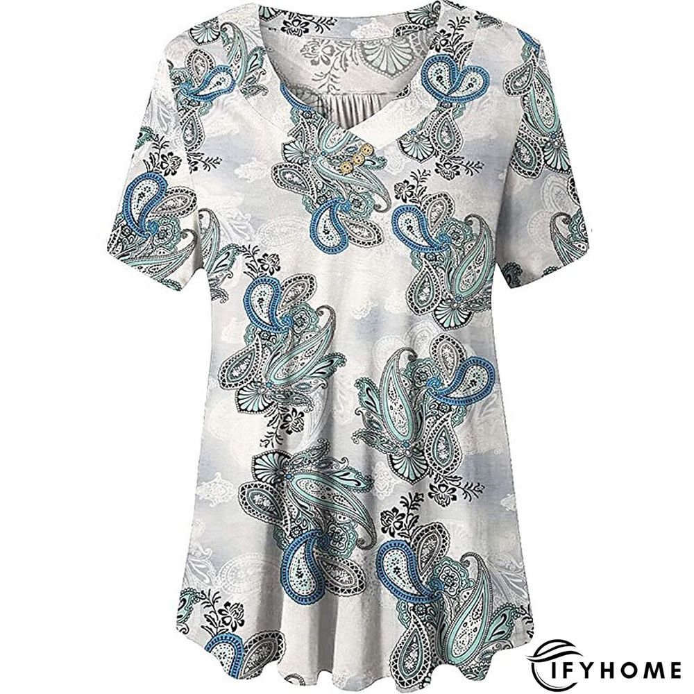 Women's Shirt Blouse Denim Blue Black White Leopard Floral Print Short Sleeve Casual Holiday Basic V Neck Regular Floral Plus Size M | IFYHOME