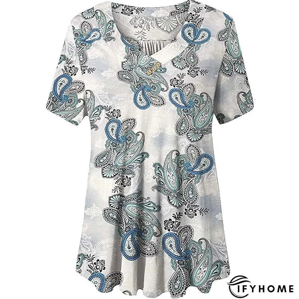 Women's Shirt Blouse Denim Blue Black White Leopard Floral Print Short Sleeve Casual Holiday Basic V Neck Regular Floral Plus Size M | IFYHOME