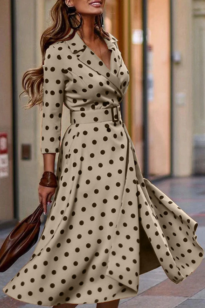Fashion Street Polka Dot Split Joint Turndown Collar Pleated Dresses