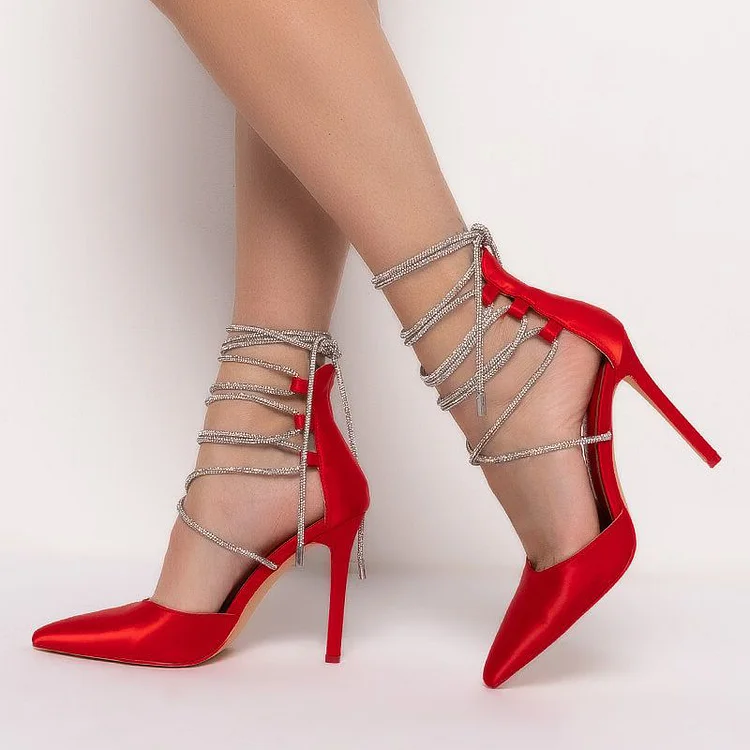 Red Pointed Satin Pumps Metallic Chains Strappy Heels Evening Shoes |FSJ Shoes