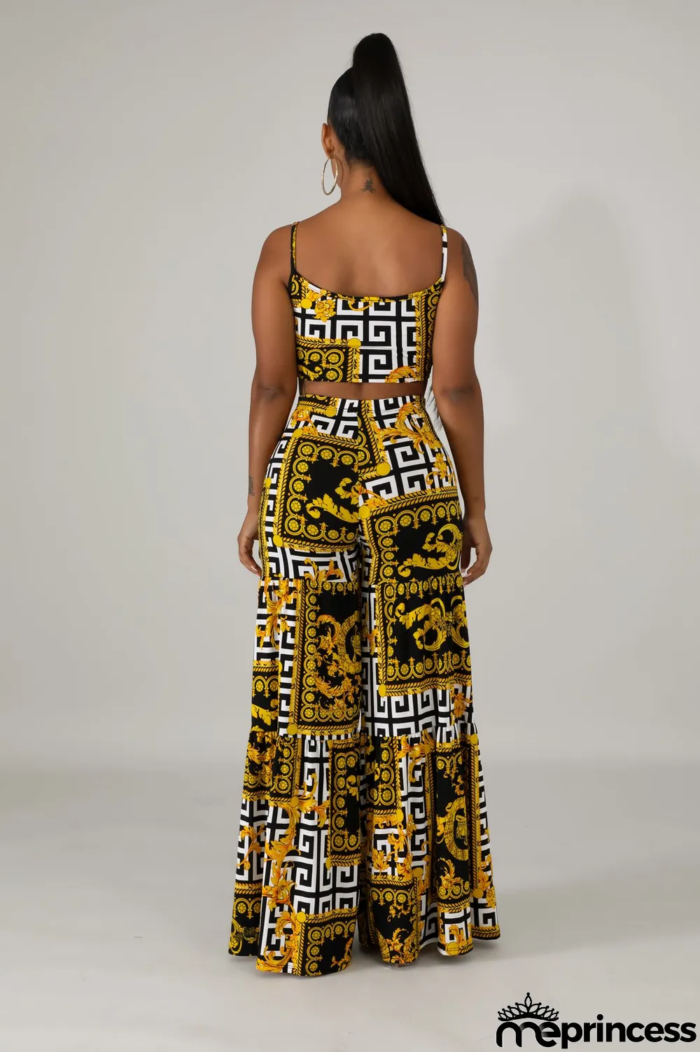 Print Retro Straps Crop Top and High Waist Trousers