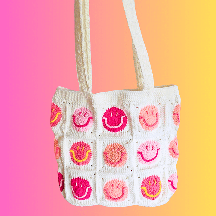 Lulusnow Handmade Pink Smiley Faces Granny Square Crochet Tote Bag Shoulder Bag, Amigurumi Tote Bag, Handmade Bag Gifts