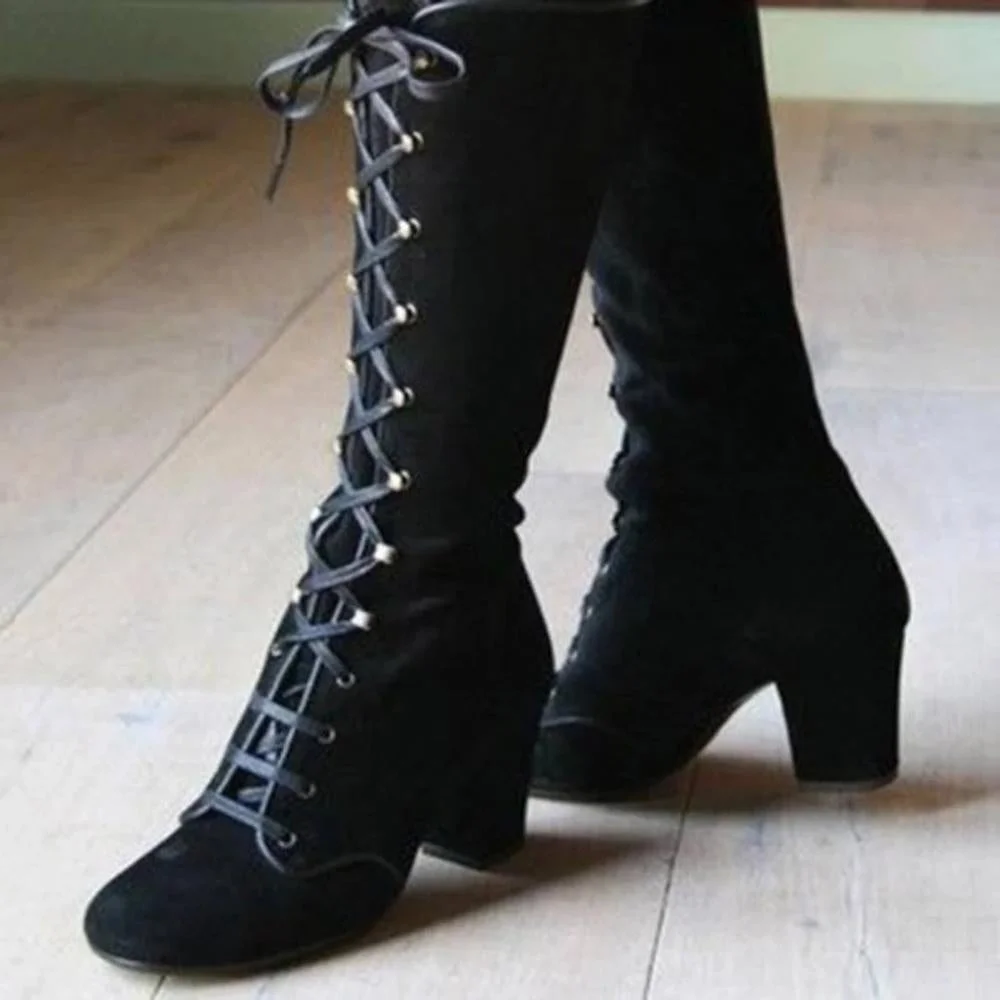 2020 Black boots women Shoes  knee high Women Casual Vintage Retro Mid-Calf Boots Lace Up Thick Heels Shoes