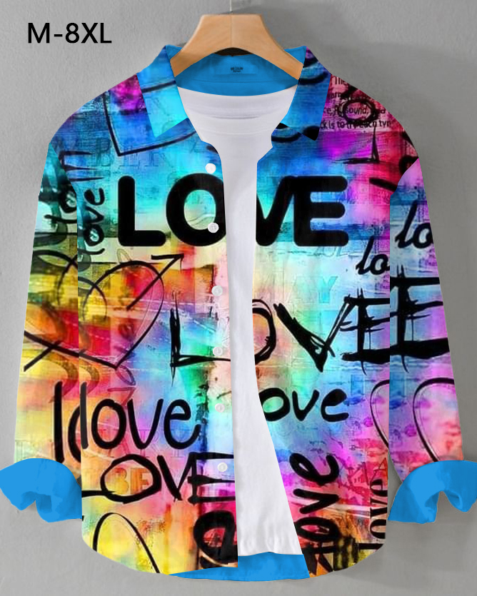 Men's Plus Size Gradient Graffiti Love Print Long Sleeve Shirt
