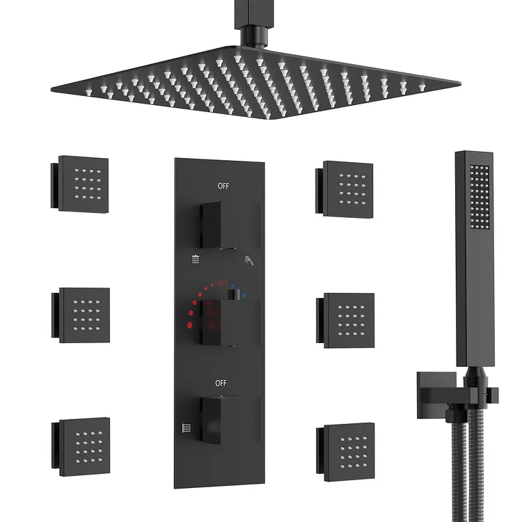 EVERSTEIN Thermostatic Rainfall Shower System in Matte Black, 12 In.