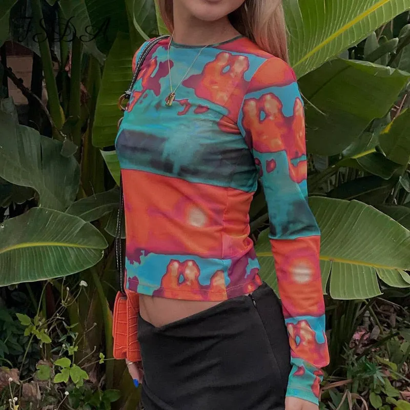 FSDA Tie Dye Print Long Sleeve Crop Top Mesh Women Autumn Summer 90s T Shirts Sexy Vintage Fashion Casual 2021