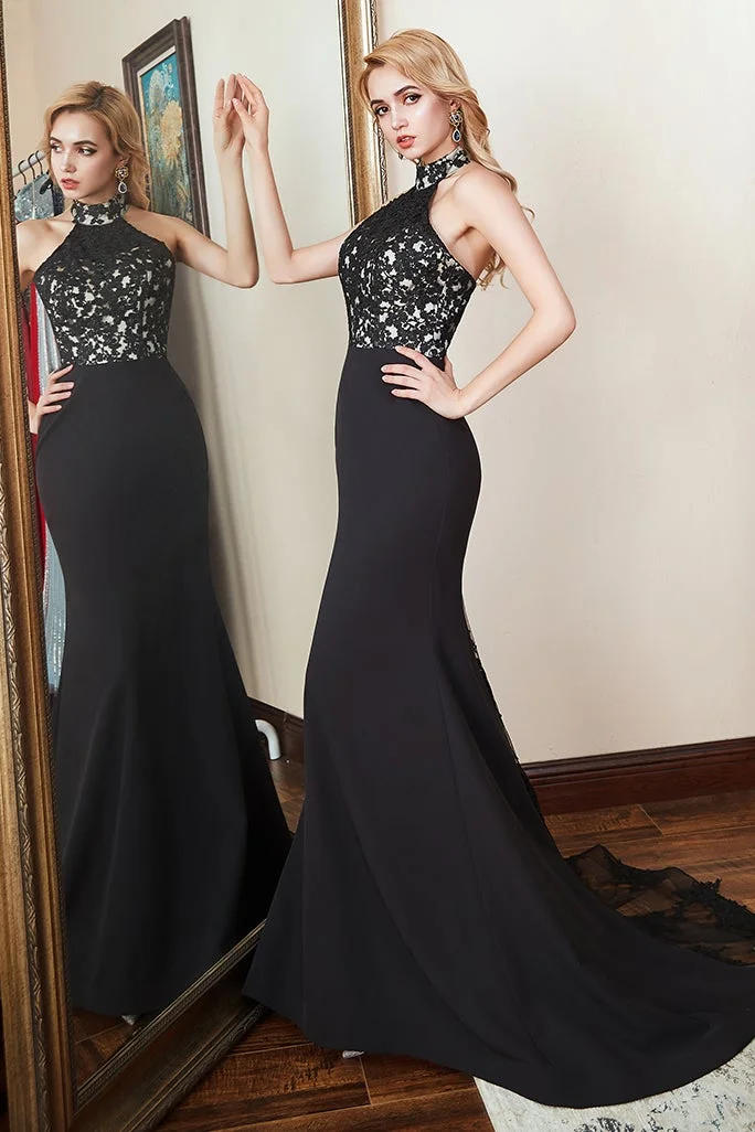 Daisda High-Neck Mermaid Prom Dress With Black Appliques