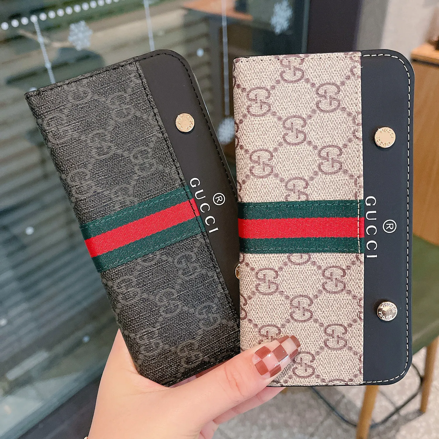 Gucci Ophidia GG Leather Rivet Wallet Card Slot Magnetic Apple iPhone Case