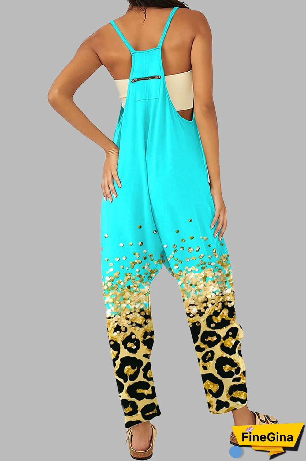 Black khaki Casual Gradual Change Print Patchwork Pocket Zipper Spaghetti Strap Loose Jumpsuits