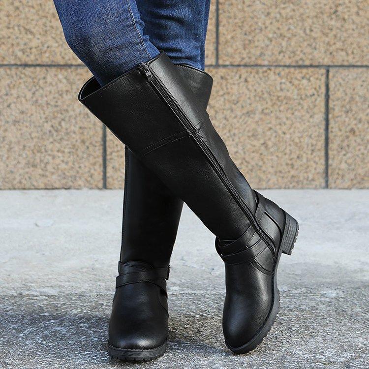 Women's wide calf knee high boots buckle strap riding boots