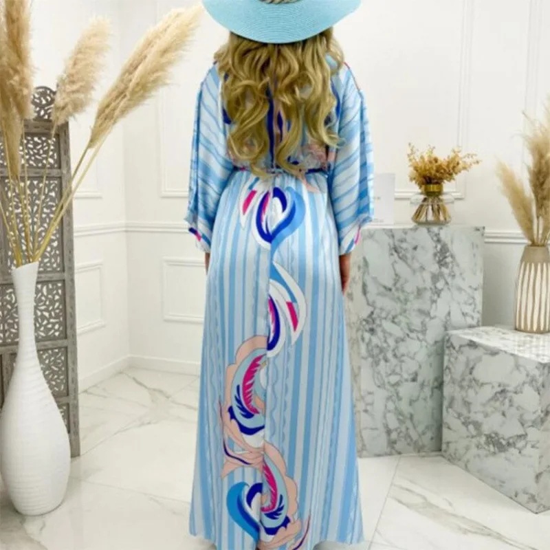 Women's Long V-Neck Printed Belted Princess Sleeve Regular Waist Ankle-Length Dress 