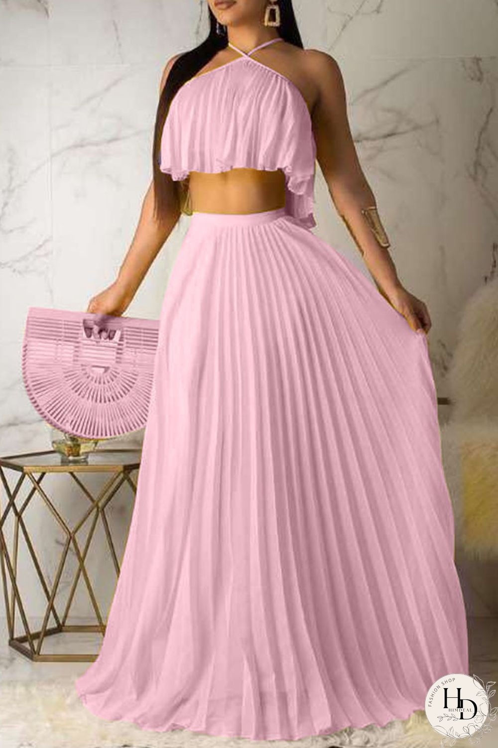 Pink Fashion Sexy Sleeveless Skirt Two-piece Set