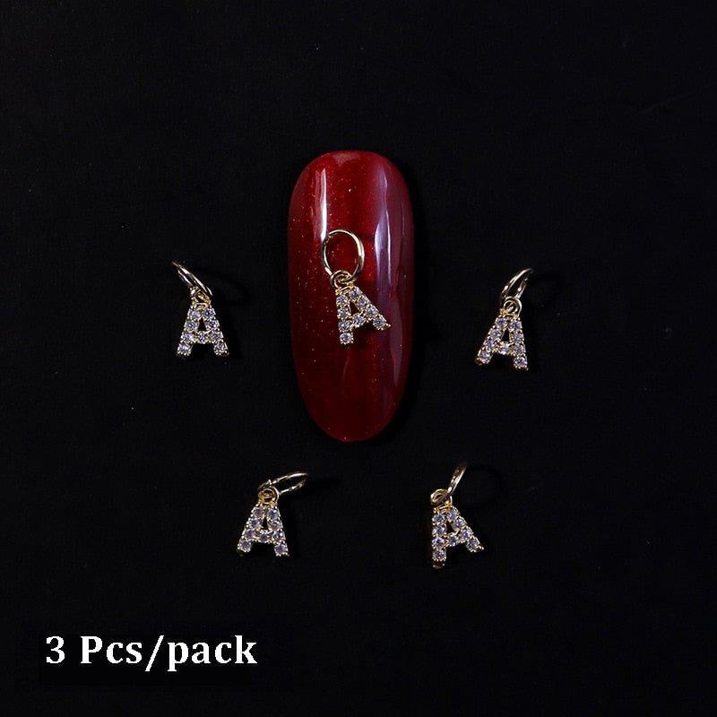 3Pcs Delicate Zircon Love Heart Pierced Nail Art Charms Chic A-Z Gold Alphabet Alloy Manicure Decorations Accessories Wholesale