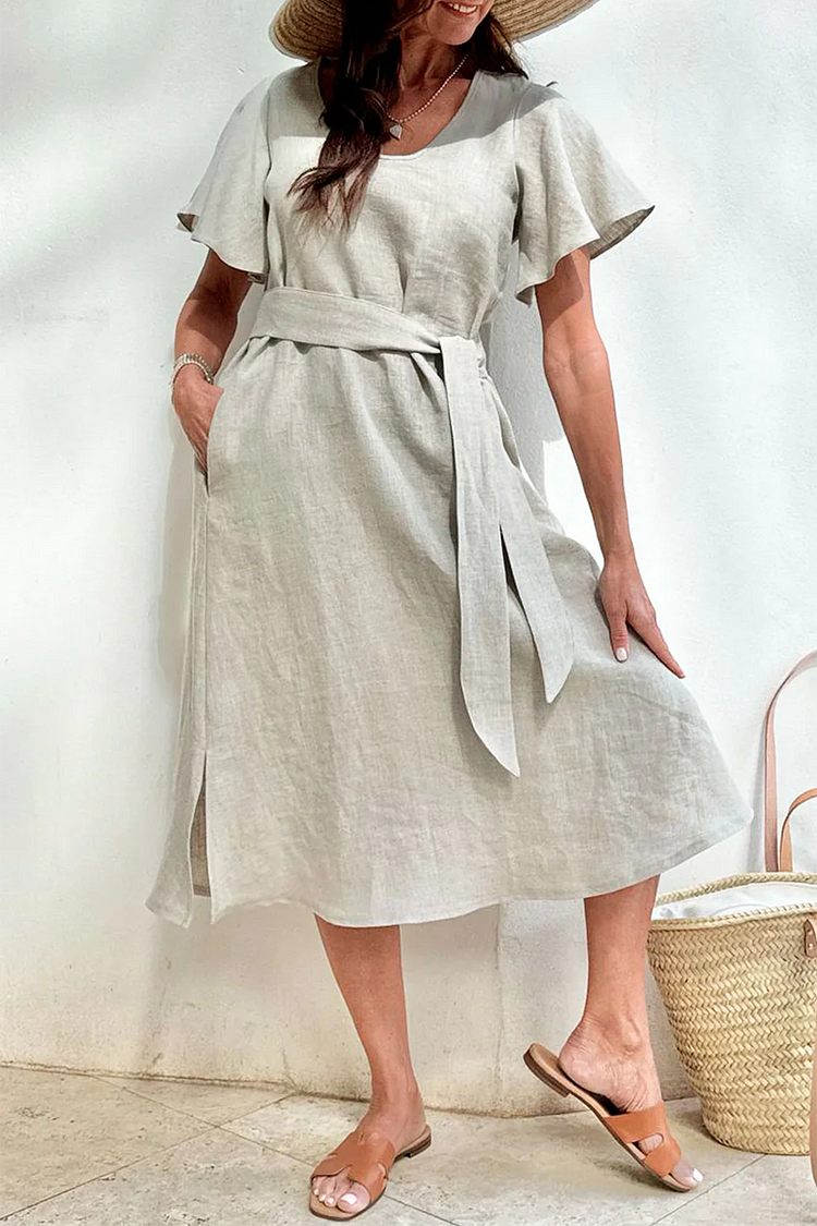 Flutter Sleeve V Neck Knotted Waist Plain Linen Midi Dresses [Pre Order]