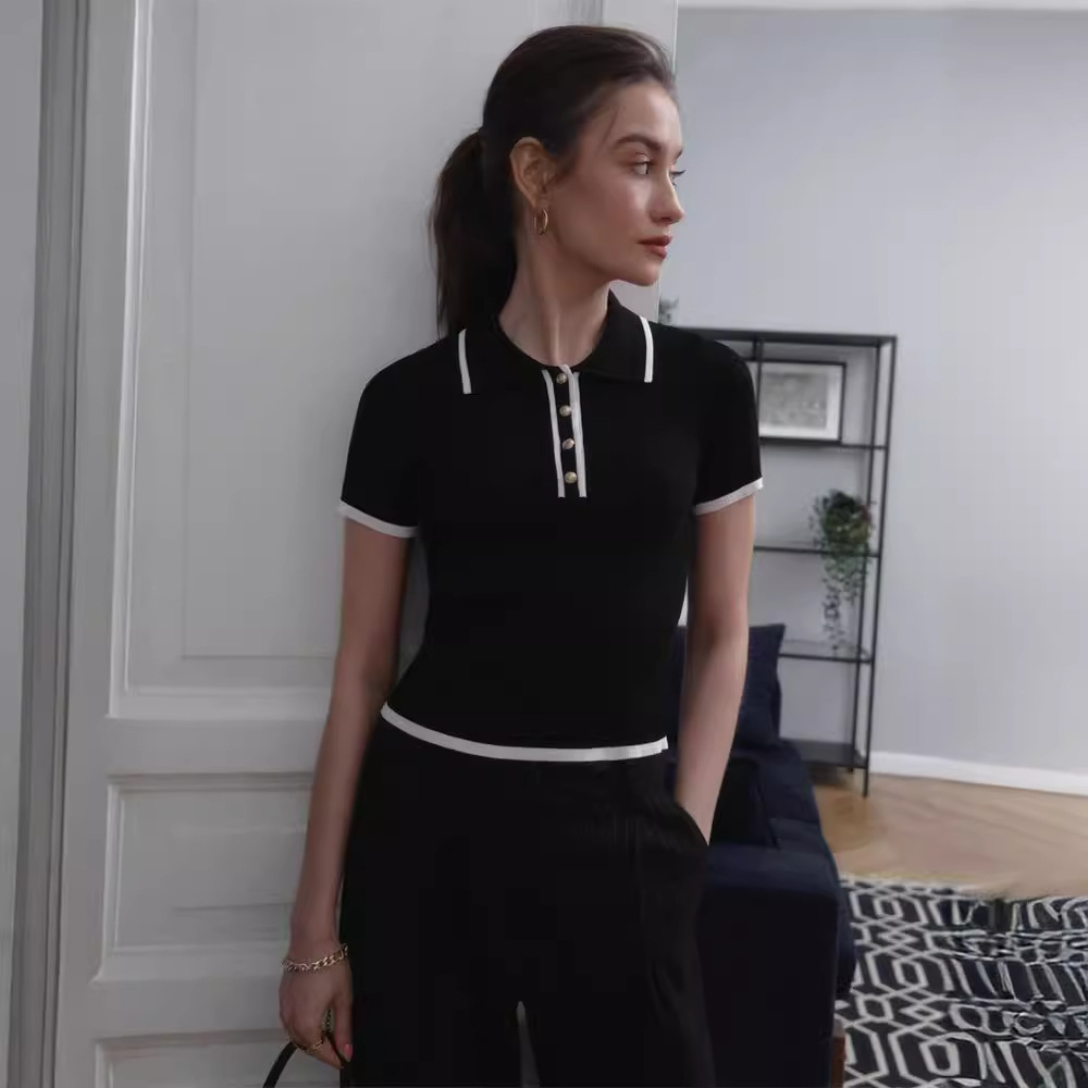 Ootddress Knit Sweater Pullover Women Short Sleeve Patchwork Slim Lapel Elegant Contrast Knitwear Top Female Skinny Ribbed Pullover