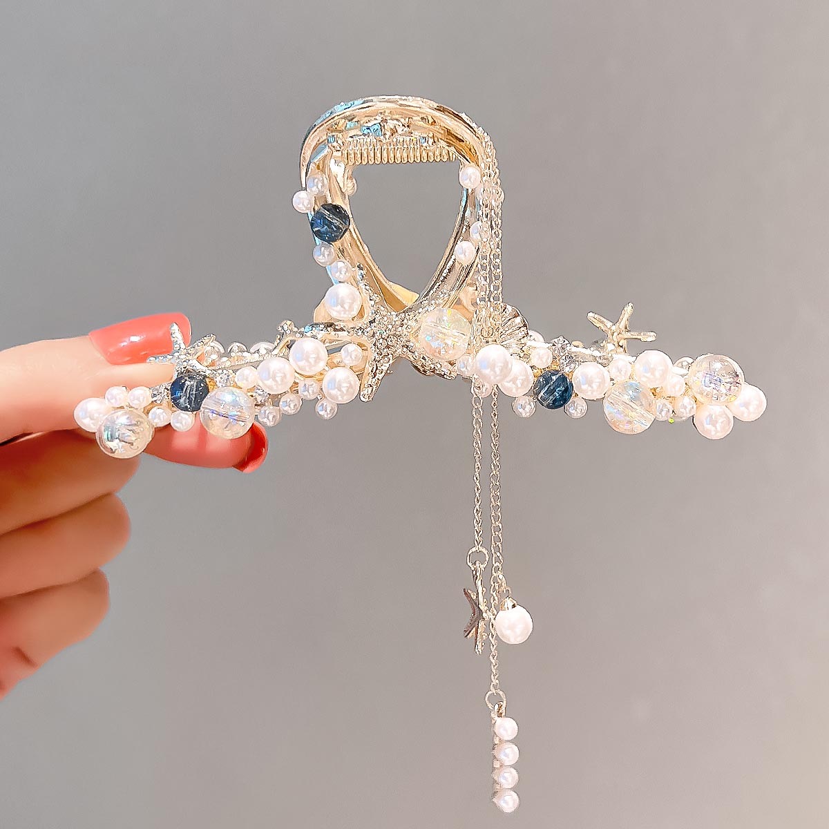 Pearl Shell Starfish Tassel Hair Grab 1pc Strong Hold Grip Hair Jaw Clip For Thick Hair Accessories For Beach Daily Party