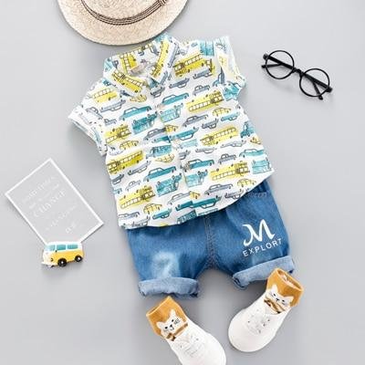 Summer Toddler Boy Cartoon Car Print Clothing Set Children Clothing Short Sleeve Shirt +Jeans For Boys Suit For Kids Clothes