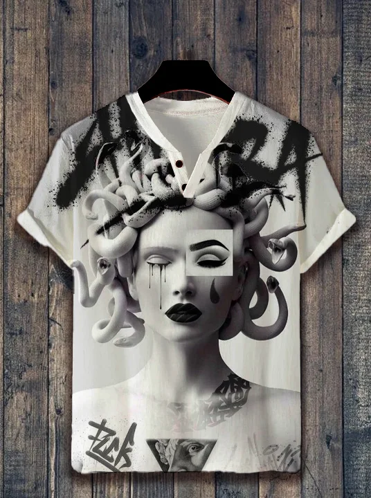 Men's Splicing Art Medusa Graphic Print V Neck Button T-Shirt