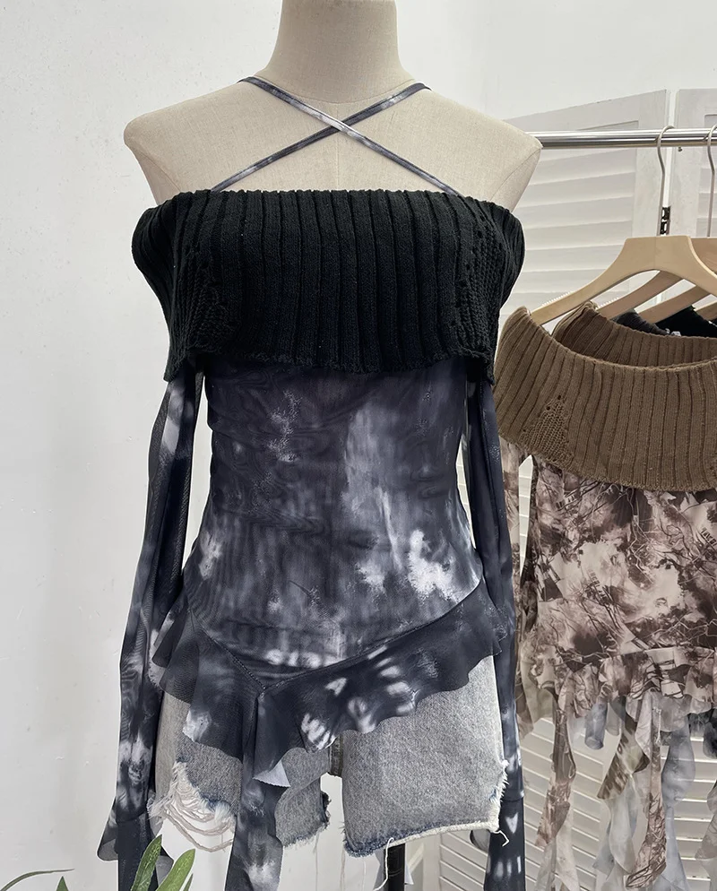 Churchf Real Shot Shoulder Cross Hanging Neck Knitting Mesh Yarn Coat Irregular Ribbon Horn Long-Sleeved T-Shirt 1101