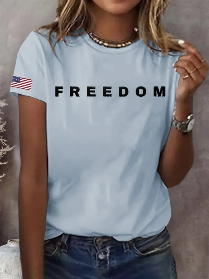 Women's Freedom American Flag Print Casual T-shirt