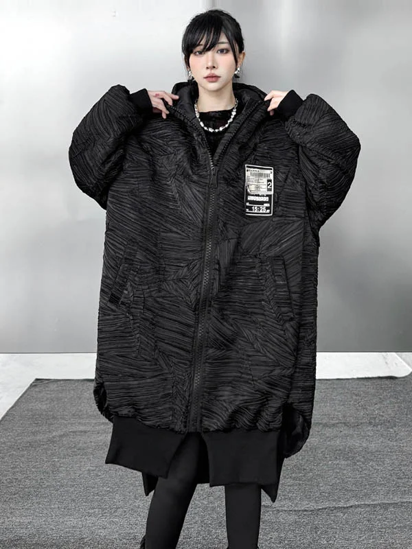 Abstract Printed Contrast Color Split-Joint Zipper High-Low Irregularity Hooded Overcoat Outerwear