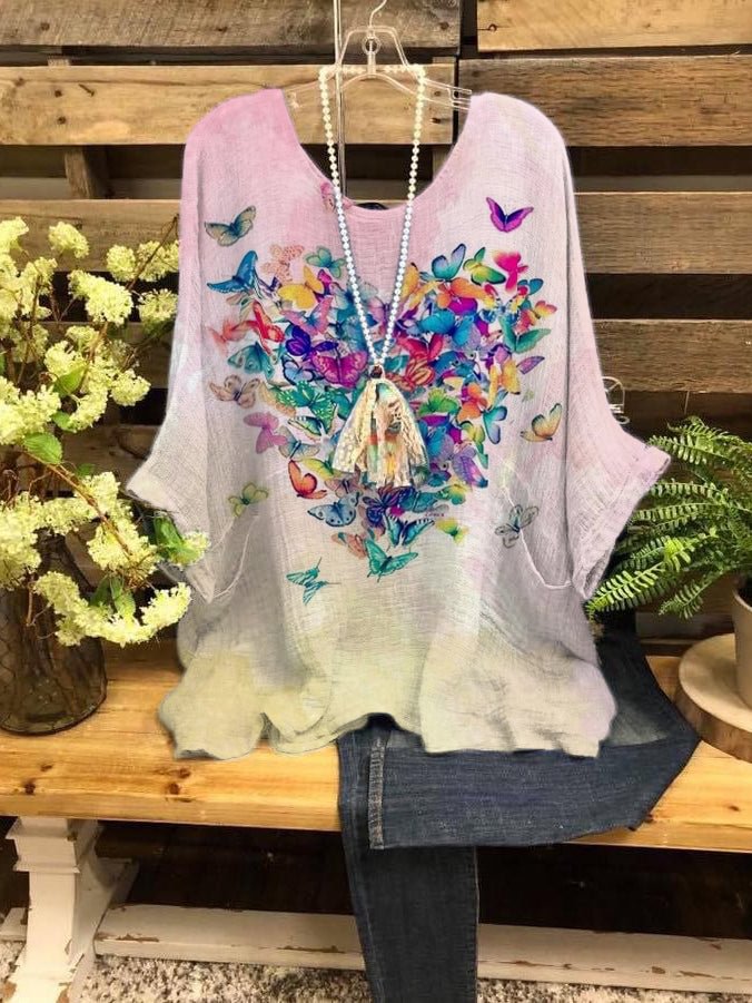 Women's Butterfly Print Casual Round Neck Short Sleeve