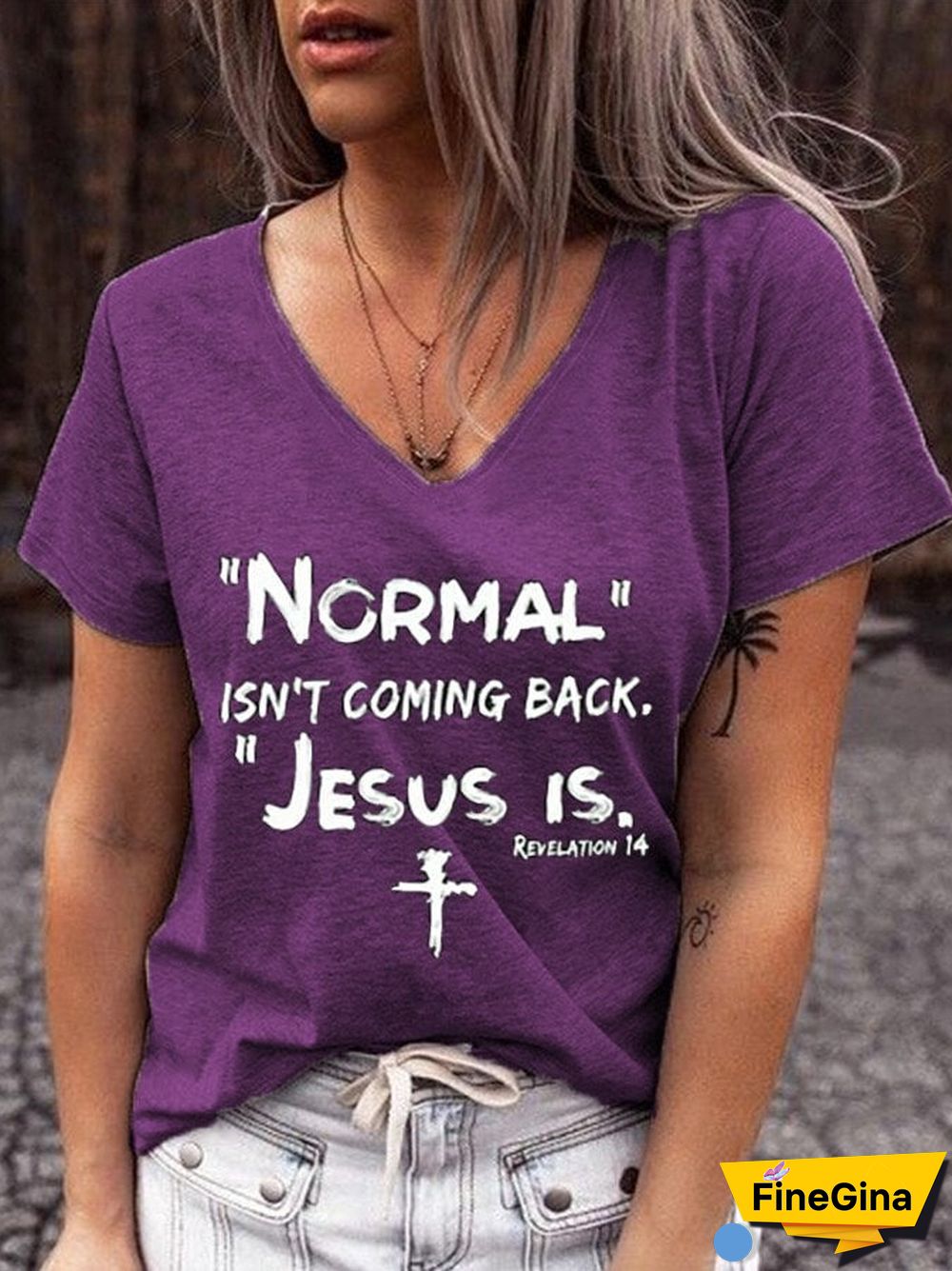 Women's NORMAL ISN'T COMING BACK JESUS IS cross print V-neck T-shirt