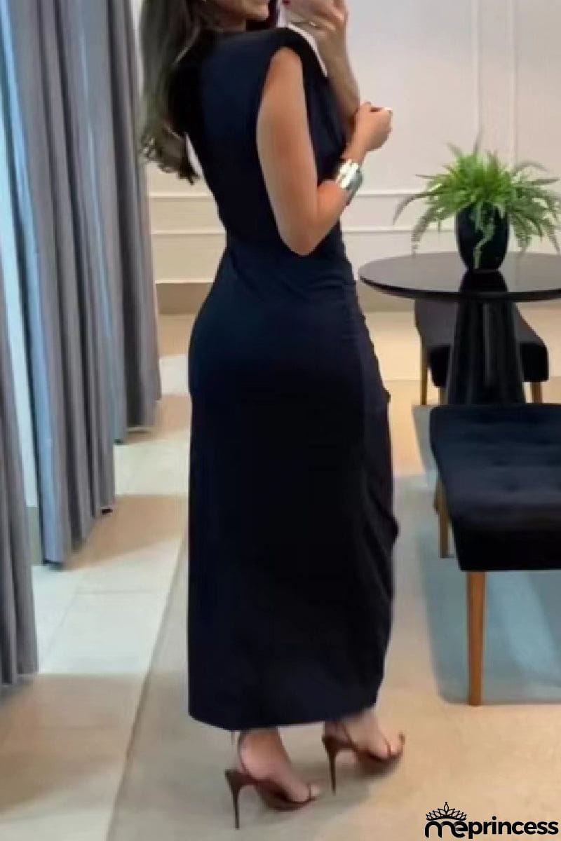 Casual Solid Slit V Neck Long Dress Dresses